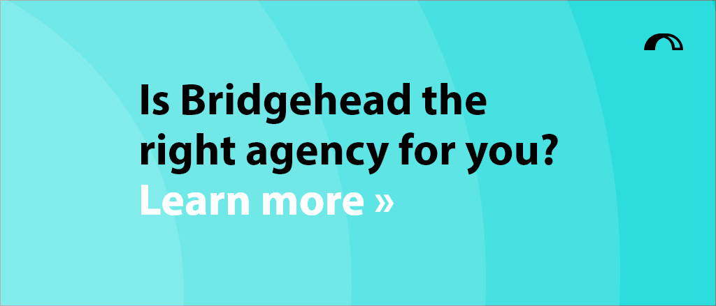 Blog title "Is Bridgehead the right agency for you?" on blue background