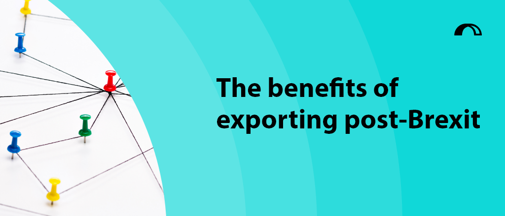 Blog title "The benefits of exporting post-Brexit" and an image of pins tied together with string to symbolise exporting