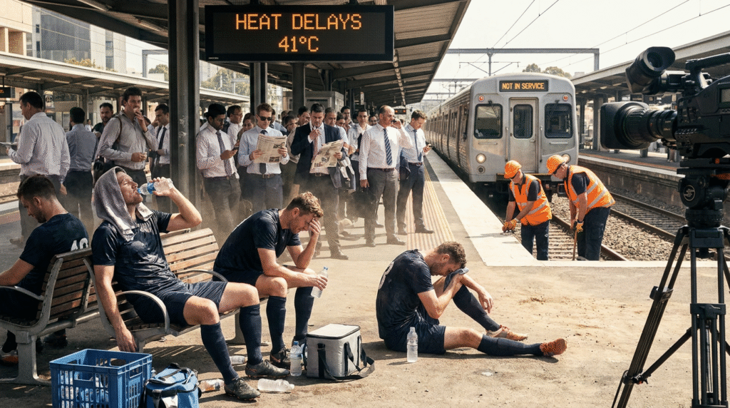 A football hydration break, merged with image of a broken down train with frustrated passengers all influenced by overbearing heat.